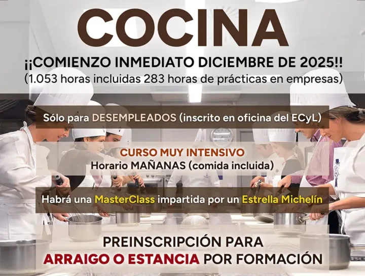 Curso gratis de COCINA en Villamuriel para desempleados, estancia o arraigo