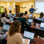 Alumnos adultos realizando un curso gratis en Palencia con ordenadores portátiles y profesor