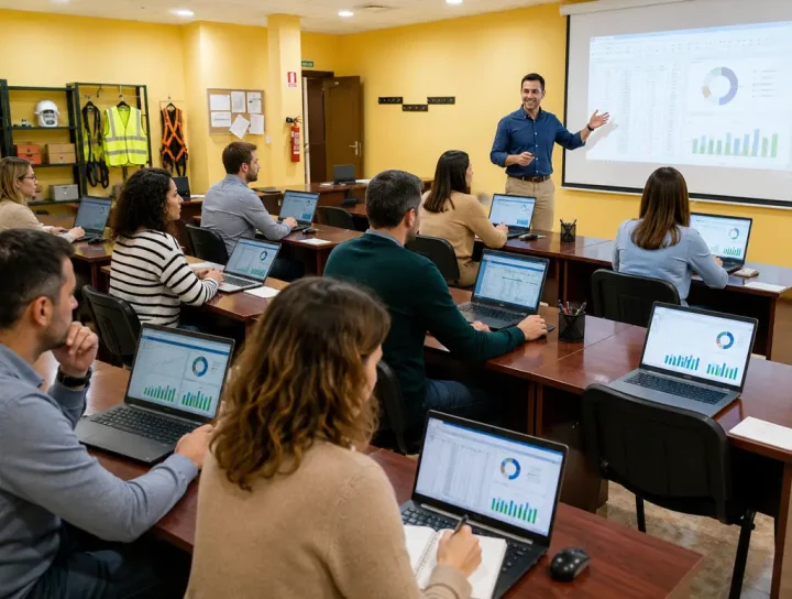 Alumnos adultos realizando un curso gratis en Palencia con ordenadores portátiles y profesor