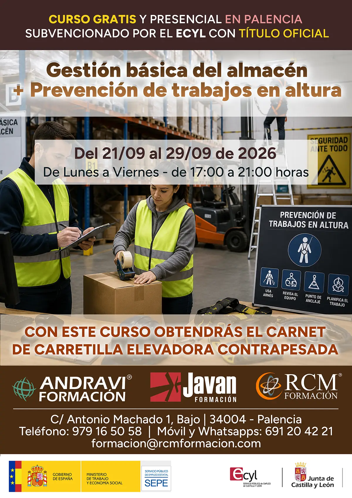 Curso gratis en Palencia de Gestión básica del almacén + Prevención de trabajos en altura